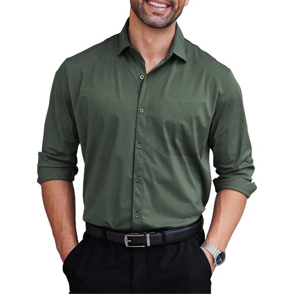 Dark Army Green Men Long Sleeve Wrinkle Free Textured Button Down Dress Shirt - Picture 1 of 7